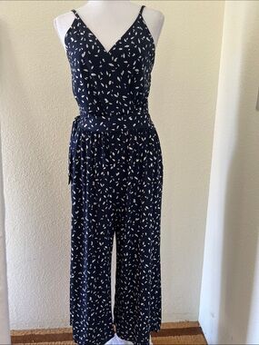 Kaileigh Navy and White Leaf-Print Wrap Jumpsuit